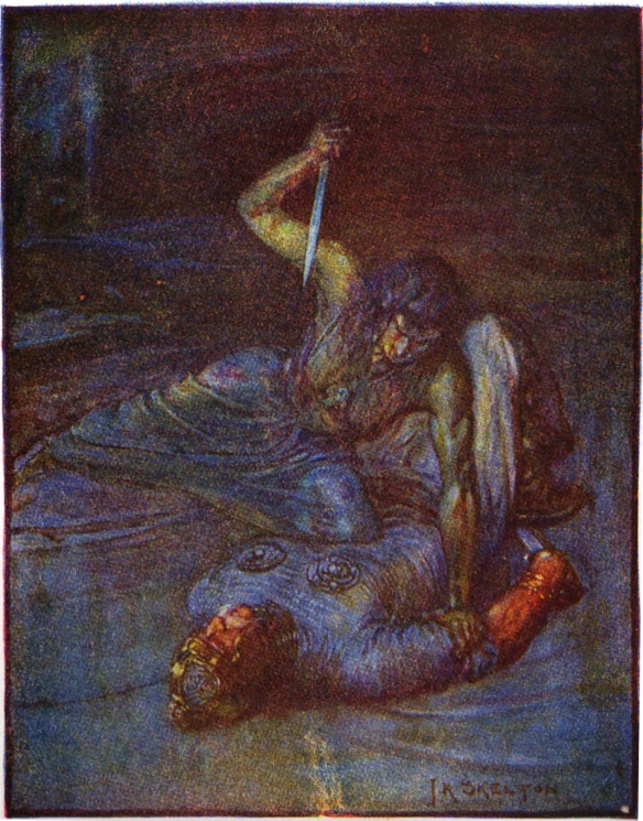 Grendel's mother menaces the pinned Beowulf with a knife.