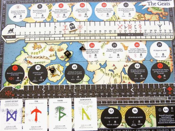 The board for King Port's Beowulf game, complete with a bunch of cards and pieces.