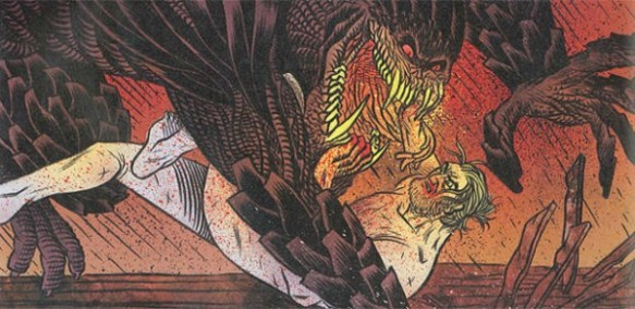 Beowulf fights Grendel as depicted by Santiago Garcia and David Rubin's graphic novel adaptation of Beowulf.