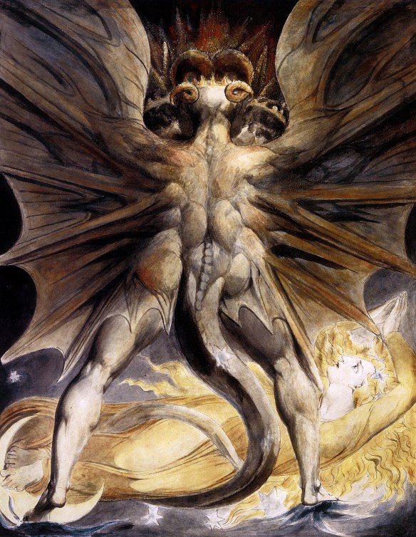 William Blake's Great Red Dragon looming over a woman like the dragon looming over Geatland in Beowulf.