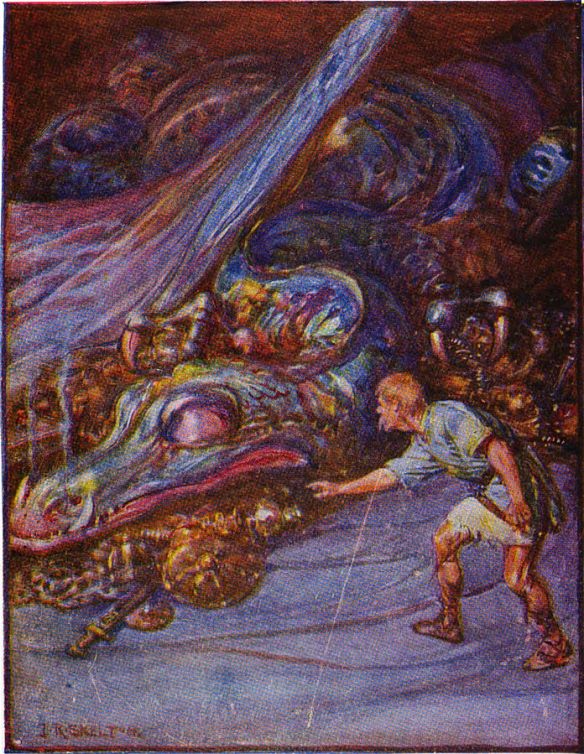 The thief steals the cup from the treasure hoard of the dragon in Beowulf in translation on A Blogger's Beowulf.