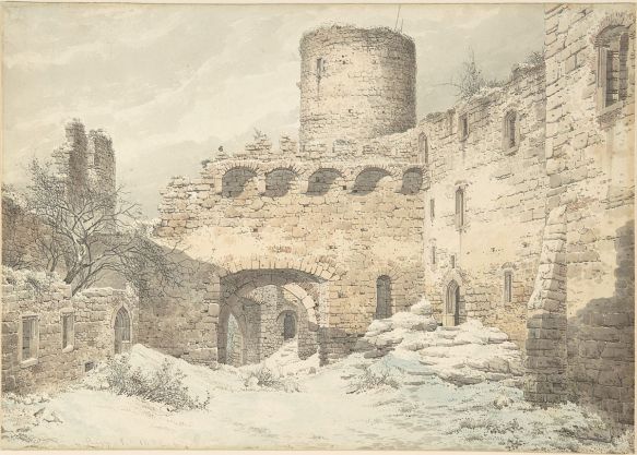 A ruined medieval castle that Karl Julius von Leypold drew and that is featured on A Blogger's Beowulf for its 2018 intro post.